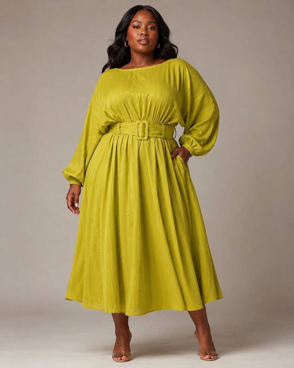StyleWe Chartreuse Midi Dress Size XL Belted Dolman Sleeve Hidden Zipper